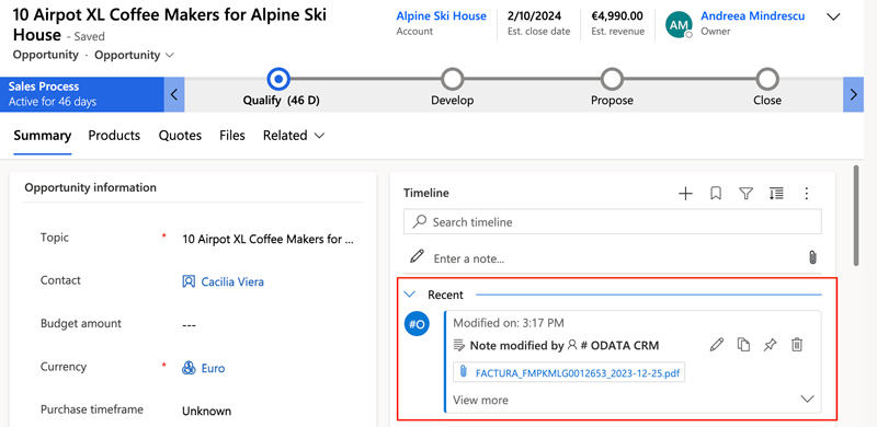 Pdf file visible under Notes on the Opportunity in Dynamics 365 Sales